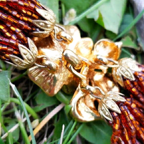 Vtg Amber Glass Bead Flower RS Torsade Necklace - Picture 8 of 8